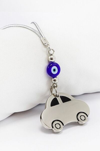 El Yapımı Lacivert Yassı Cam Nazar Boncuklu Çelik Araba Figürlü Araç Dikiz Ayna Süsü