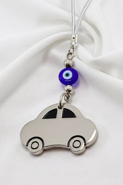 El Yapımı Lacivert Yassı Cam Nazar Boncuklu Çelik Araba Figürlü Araç Dikiz Ayna Süsü