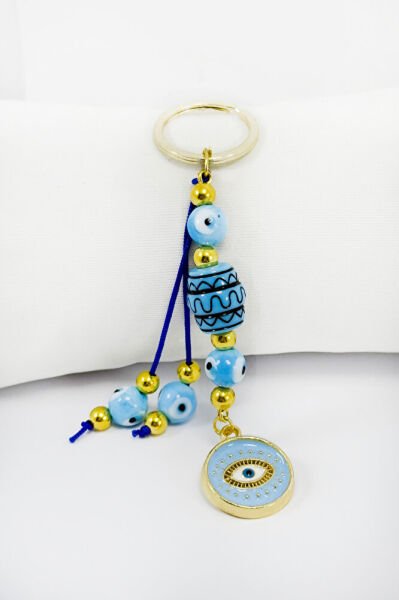 Blue Colored Cluster Framed Evil Eye Keychain, Gift Evil Eye Keychain