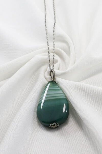 Paslanmaz Çelik Zincirli Yeşil Akik Doğal Taşlı Kolye, Hediyelik Bijuteri Aksesuar (60 cm)