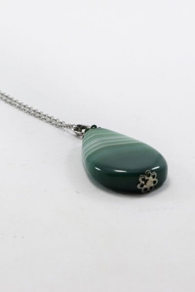 Paslanmaz Çelik Zincirli Yeşil Akik Doğal Taşlı Kolye, Hediyelik Bijuteri Aksesuar (60 cm)