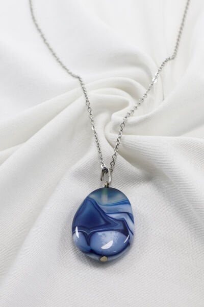 Paslanmaz Çelik Zincirli Akik Doğal Taşlı Kolye, Hediyelik Bijuteri Aksesuar (60 cm)