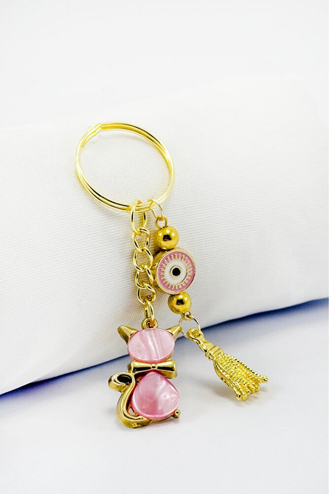 Pink Colored Pearl Cute Cat Figured Pendant Keychain, Gift Keychain