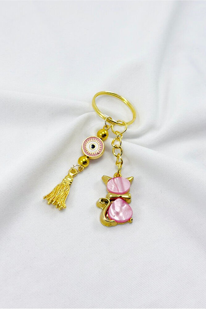 Pink Colored Pearl Cute Cat Figured Pendant Keychain, Gift Keychain