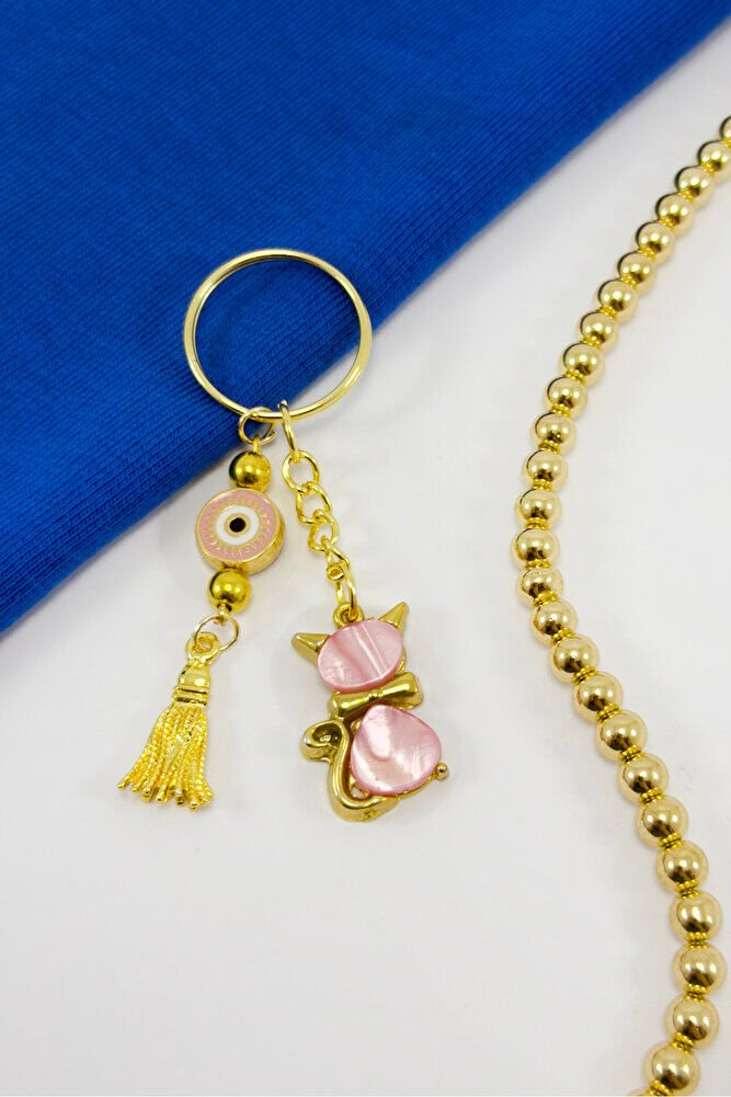 Pink Colored Pearl Cute Cat Figured Pendant Keychain, Gift Keychain