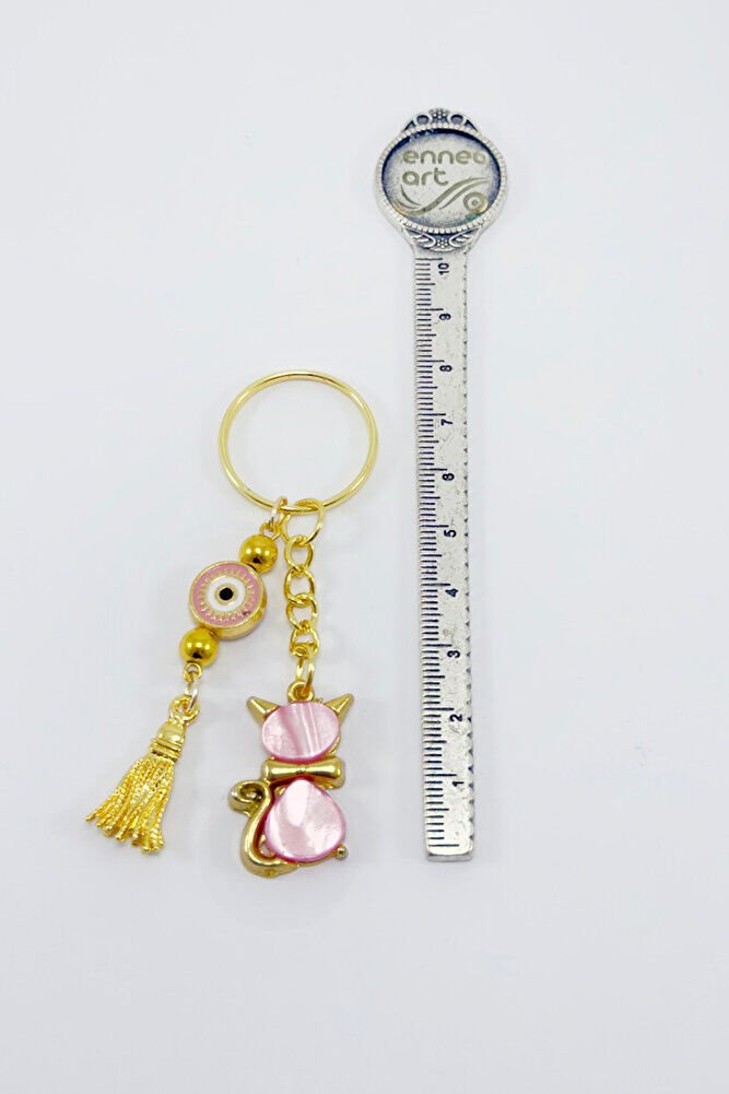 Pink Colored Pearl Cute Cat Figured Pendant Keychain, Gift Keychain