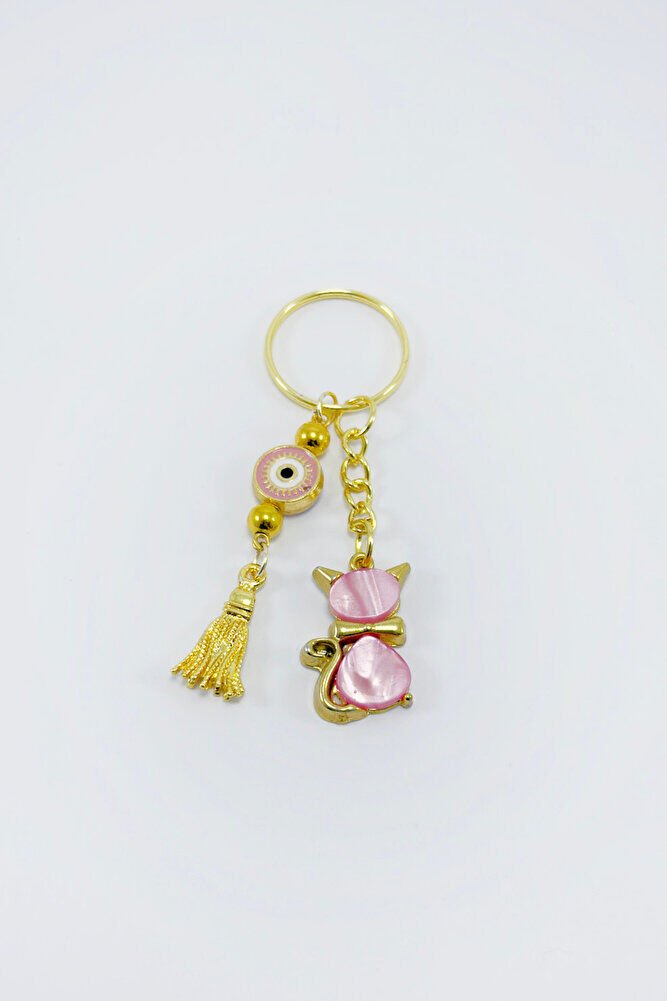 Pink Colored Pearl Cute Cat Figured Pendant Keychain, Gift Keychain