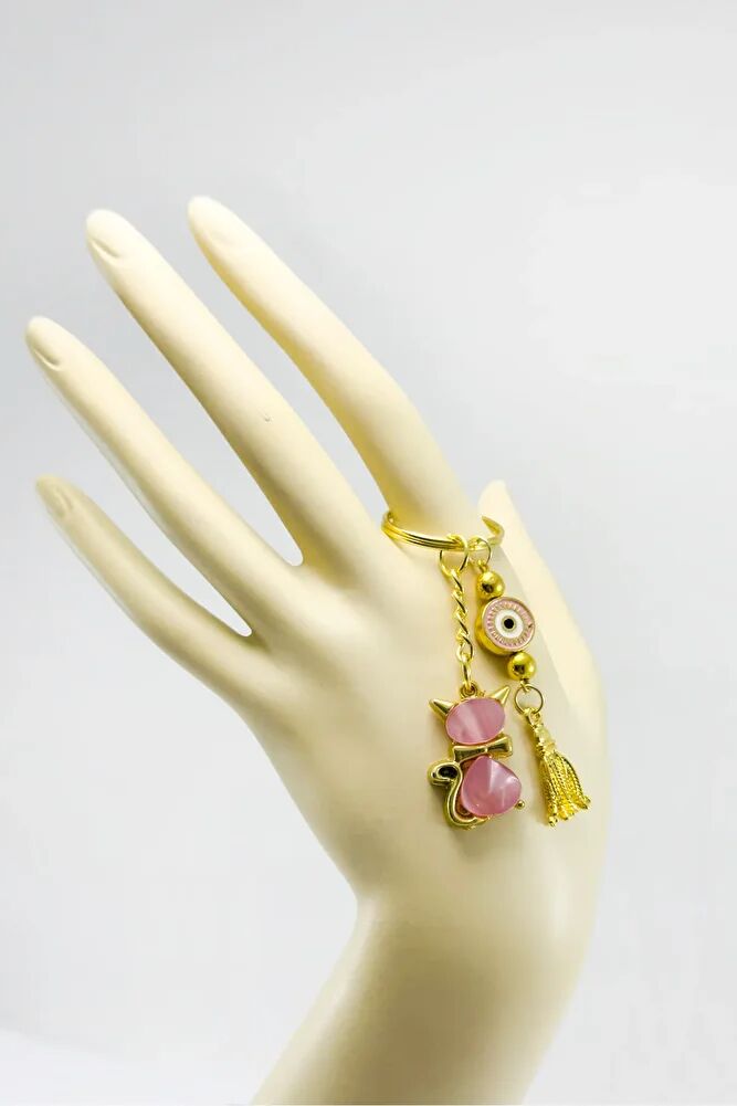 Pink Colored Pearl Cute Cat Figured Pendant Keychain, Gift Keychain