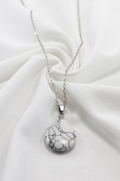 Paslanmaz Çelik Zincirli Havlit Doğal Taşlı Kolye, Hediyelik Bijuteri Aksesuar (60 cm)