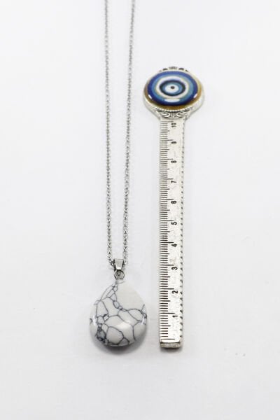 Paslanmaz Çelik Zincirli Havlit Doğal Taşlı Kolye, Hediyelik Bijuteri Aksesuar (60 cm)