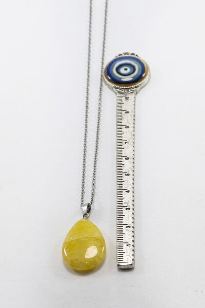 Paslanmaz Çelik Zincirli Sitrin Doğal Taşlı Kolye, Hediyelik Bijuteri Aksesuar (60 cm)