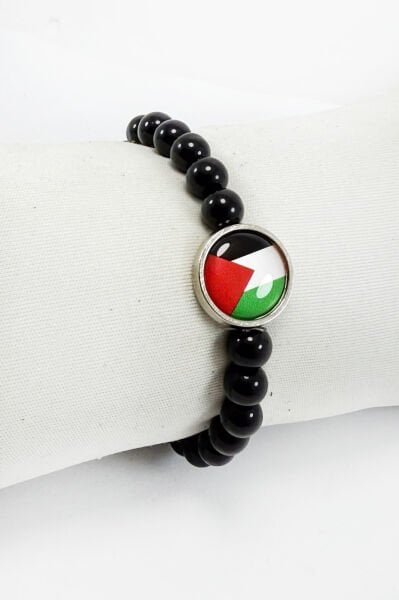 Siyah Boncuklu Lastikli Filistin Bayraklı Bileklik, Hediyelik Filistin Aksesuar