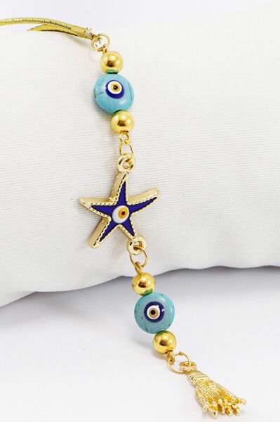 Handmade Glass Enamel Blue Beaded Starfish Car Rearview Mirror Ornament, Tassel Car Gift