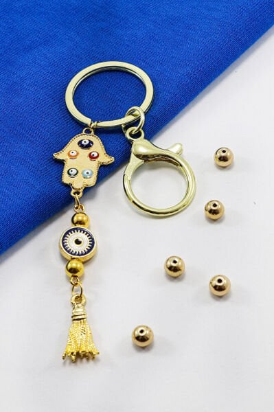 Gold Colored Hamsa Hand Cluster Tassel Keychain, Gift Bag Ornament