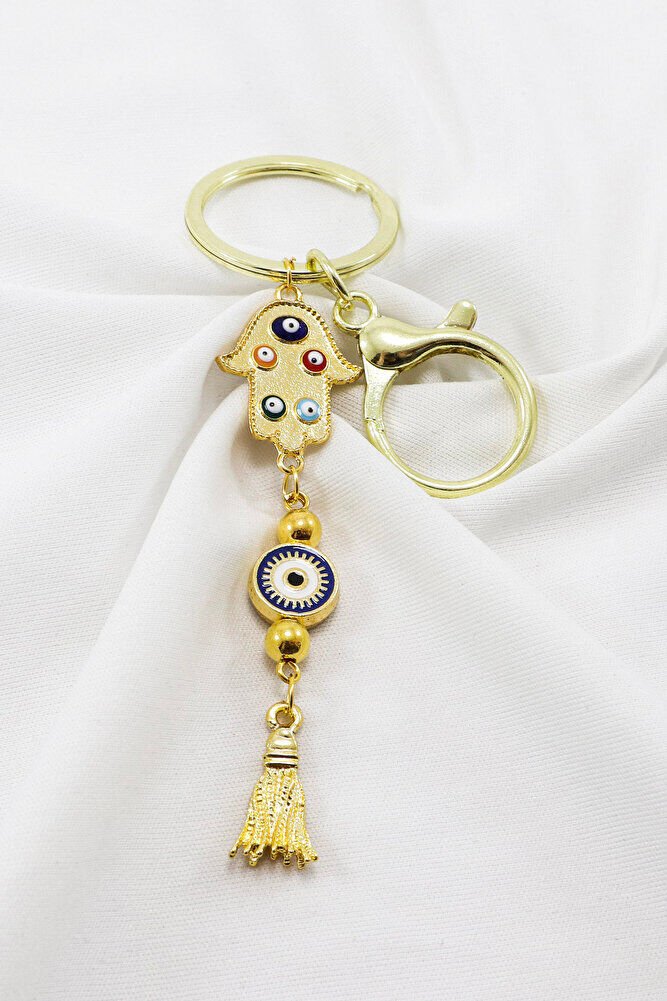 Gold Colored Hamsa Hand Cluster Tassel Keychain, Gift Bag Ornament