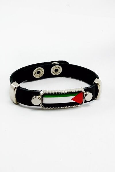 Suni Deri Ayarlanabilir Çıtçıtlı Filistin Bayraklı Bileklik, Hediyelik Filistin Aksesuar