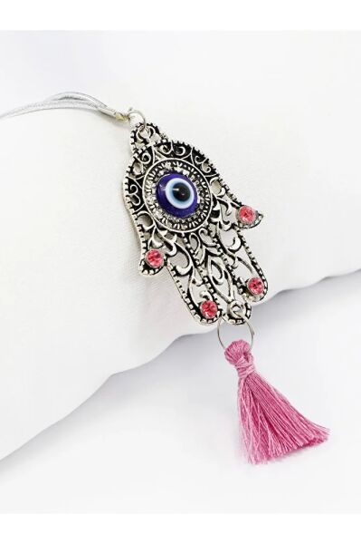 Pink Shiny Stone Tasseled Hamsa Hand Figured Car Rearview Mirror Ornament, Car Gift