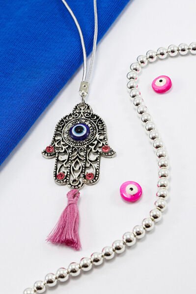 Pink Shiny Stone Tasseled Hamsa Hand Figured Car Rearview Mirror Ornament, Car Gift