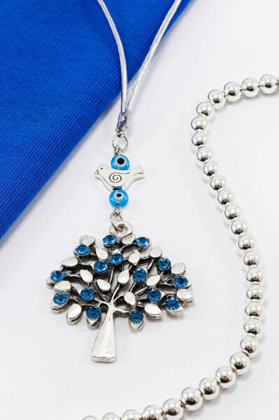 Turquoise Shiny Stone Antique Tree Figured Car Rearview Mirror Ornament with Birds, Car Gift