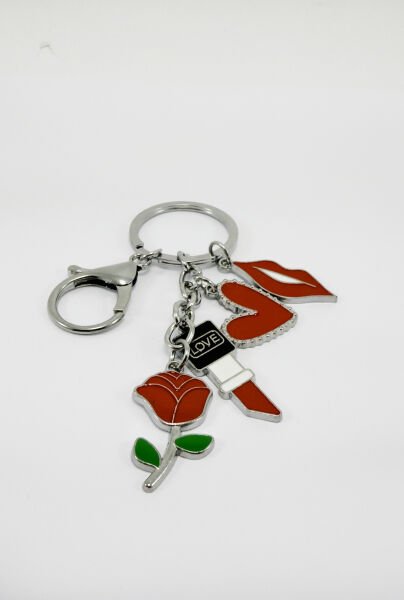 Gümüş Renk Halkalı Minyatür Rujlu Dudaklı Kalpli Gül Figürlü Anahtarlık, Hediyelik Çanta Süsü