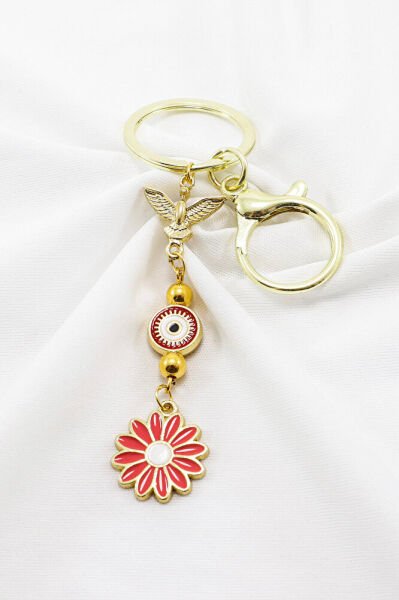 Gold Colored Bird and Colorful Flower Cluster Keychain, Gift Bag Ornament