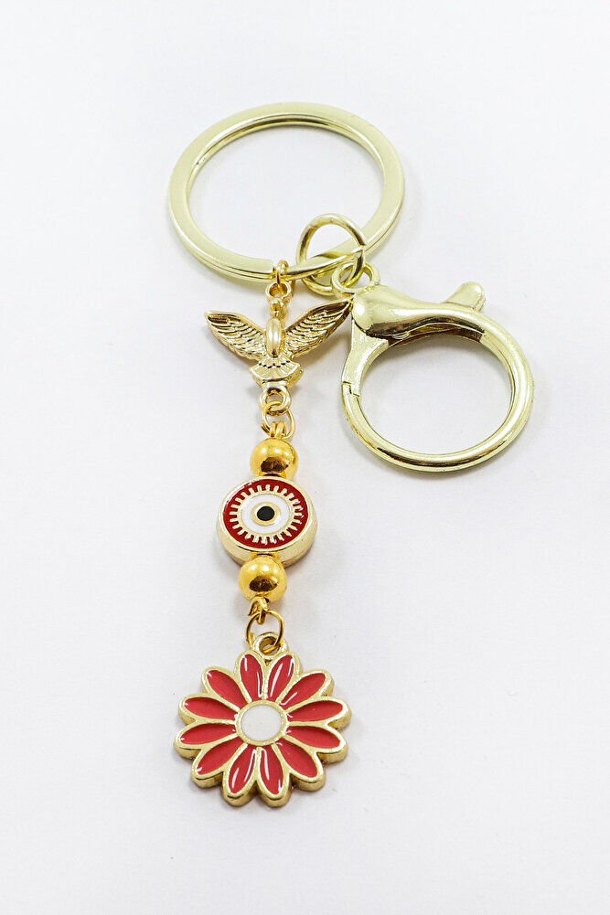 Gold Colored Bird and Colorful Flower Cluster Keychain, Gift Bag Ornament