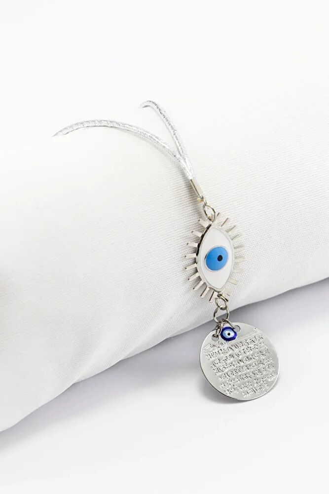 Beyaz Göz Figürlü Gümüş Renkli Metal Ayetel Kürsi Araba Dikiz Ayna Süsü, Araba Hediyesi