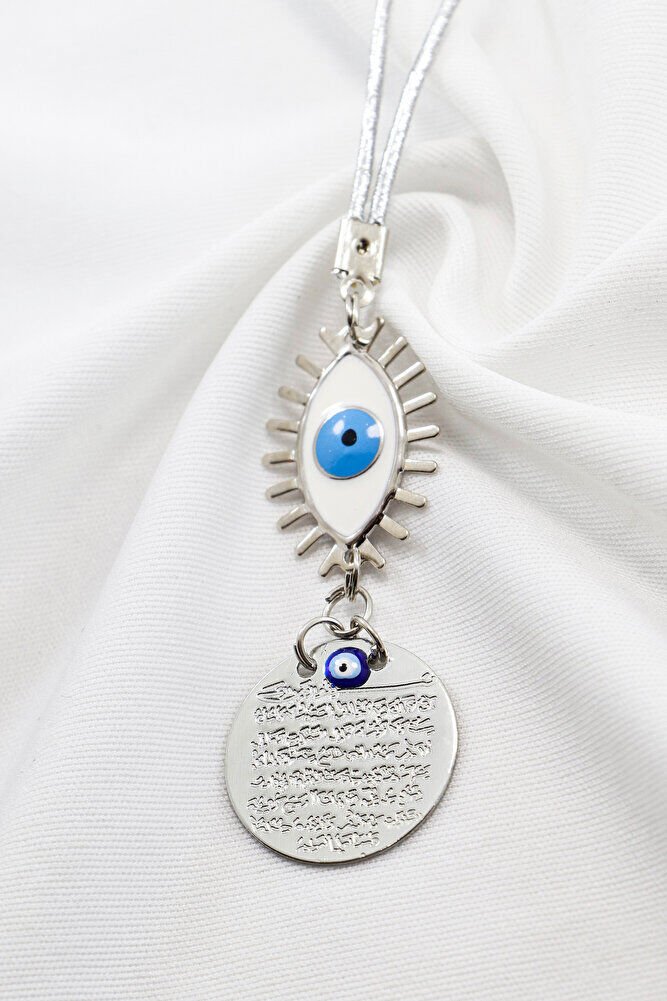 Beyaz Göz Figürlü Gümüş Renkli Metal Ayetel Kürsi Araba Dikiz Ayna Süsü, Araba Hediyesi