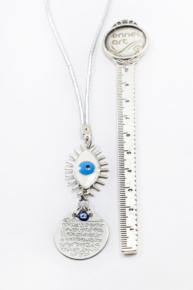 Beyaz Göz Figürlü Gümüş Renkli Metal Ayetel Kürsi Araba Dikiz Ayna Süsü, Araba Hediyesi