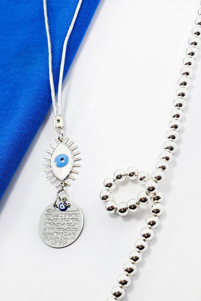 Beyaz Göz Figürlü Gümüş Renkli Metal Ayetel Kürsi Araba Dikiz Ayna Süsü, Araba Hediyesi