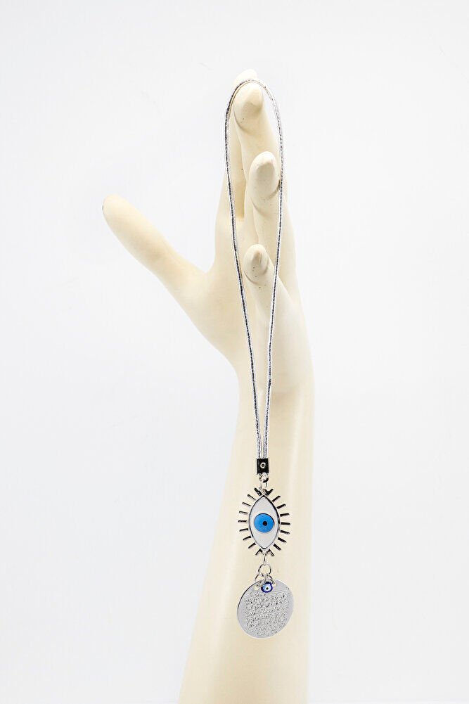 Beyaz Göz Figürlü Gümüş Renkli Metal Ayetel Kürsi Araba Dikiz Ayna Süsü, Araba Hediyesi