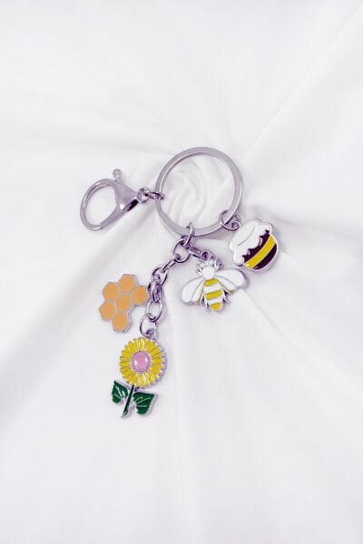 Gümüş Renk Halkalı Minyatür Bal Küpü Arılı Çiçekli ve Petek Figürlü Anahtarlık, Hediyelik Çanta Süsü