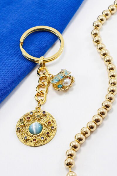 Full Gold Plated Colorful Shiny Stone Pearl Seashell Keychain, Gift Bag Ornament