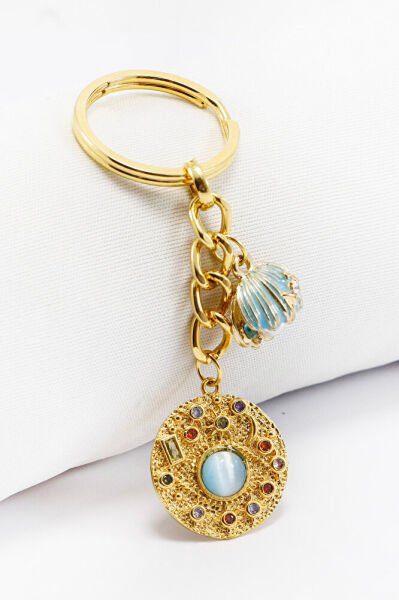 Full Gold Plated Colorful Shiny Stone Pearl Seashell Keychain, Gift Bag Ornament