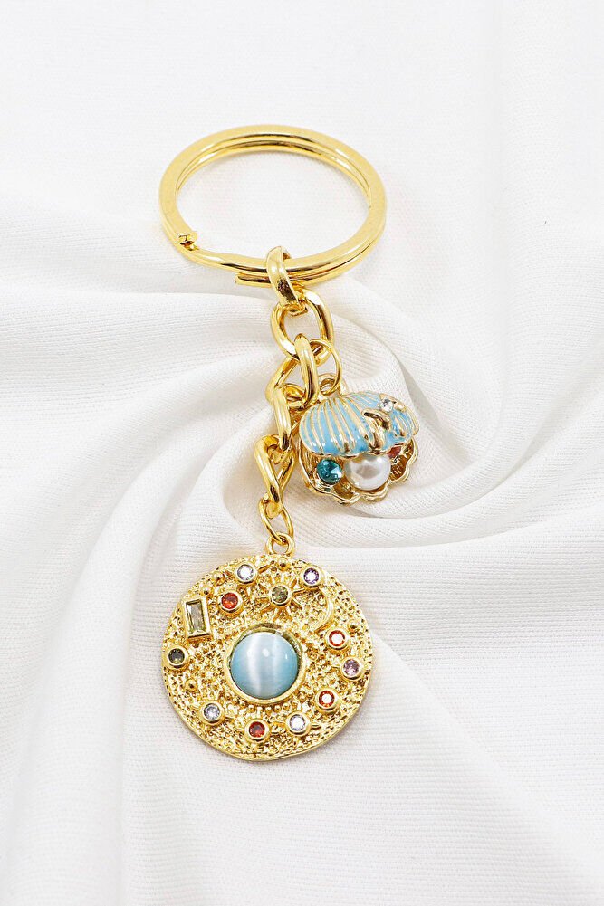 Komple Altın Kaplama Renkli Parlak Taşlı İncili Deniz Kabuklu Anahtarlık, Hediyelik Çanta Süsü