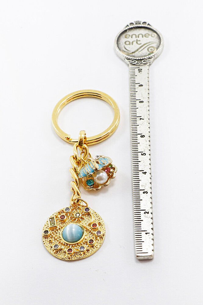 Komple Altın Kaplama Renkli Parlak Taşlı İncili Deniz Kabuklu Anahtarlık, Hediyelik Çanta Süsü