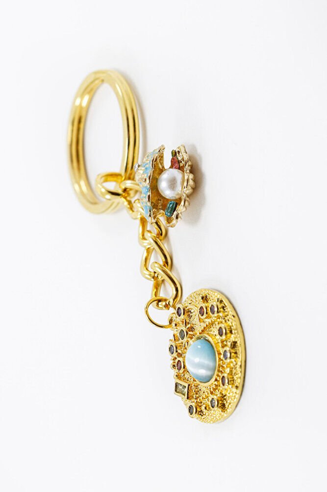 Komple Altın Kaplama Renkli Parlak Taşlı İncili Deniz Kabuklu Anahtarlık, Hediyelik Çanta Süsü
