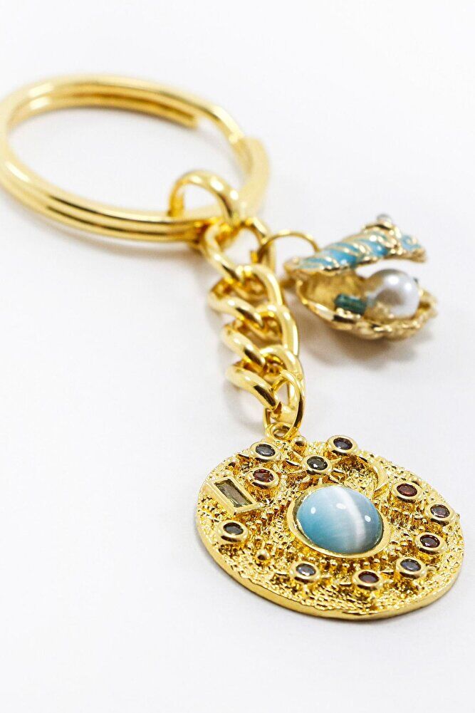 Komple Altın Kaplama Renkli Parlak Taşlı İncili Deniz Kabuklu Anahtarlık, Hediyelik Çanta Süsü