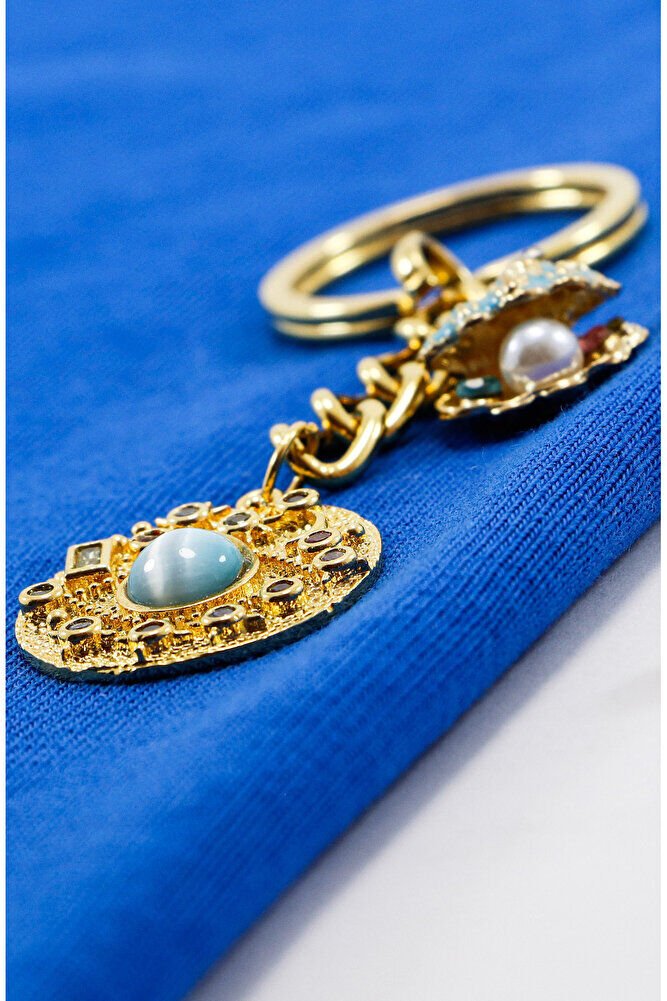 Komple Altın Kaplama Renkli Parlak Taşlı İncili Deniz Kabuklu Anahtarlık, Hediyelik Çanta Süsü