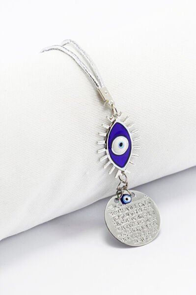 Dark Blue Eye Figured Silver Color Metal Ayetel Kursi Car Rearview Mirror Ornament, Car Gift