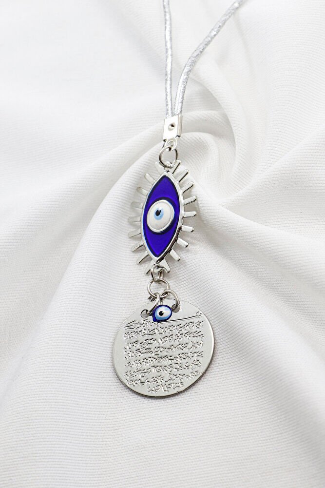 Lacivert Göz Figürlü Gümüş Renkli Metal Ayetel Kürsi Araba Dikiz Ayna Süsü, Araba Hediyesi