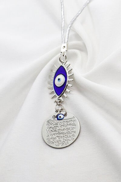 Dark Blue Eye Figured Silver Color Metal Ayetel Kursi Car Rearview Mirror Ornament, Car Gift