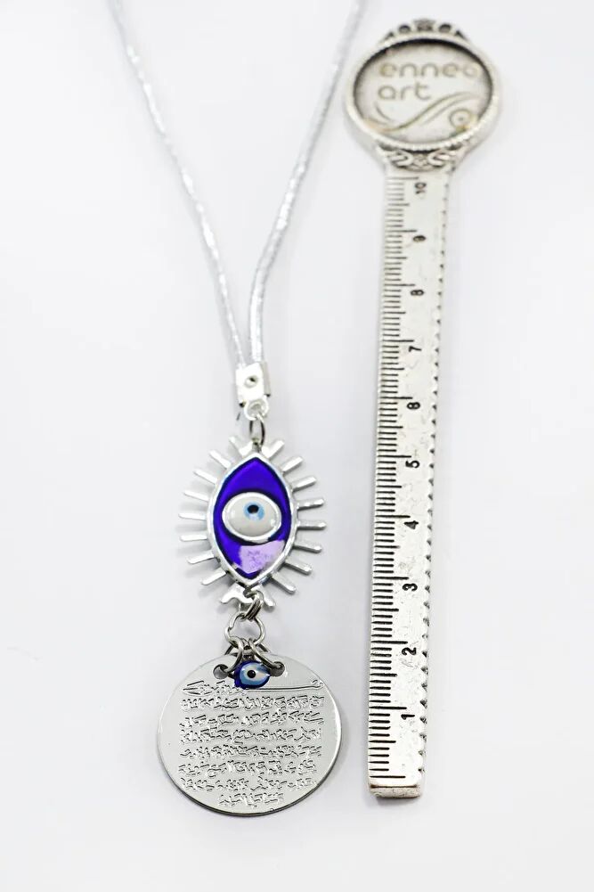 Lacivert Göz Figürlü Gümüş Renkli Metal Ayetel Kürsi Araba Dikiz Ayna Süsü, Araba Hediyesi