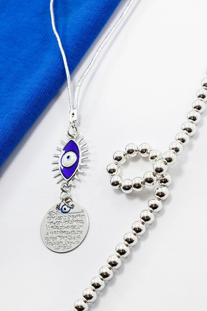 Lacivert Göz Figürlü Gümüş Renkli Metal Ayetel Kürsi Araba Dikiz Ayna Süsü, Araba Hediyesi