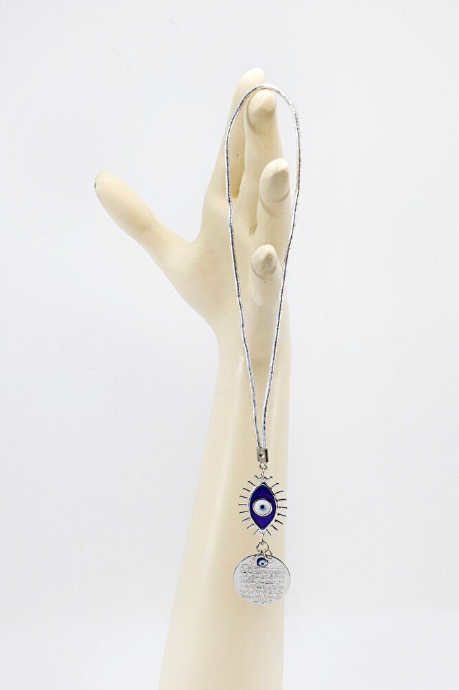 Lacivert Göz Figürlü Gümüş Renkli Metal Ayetel Kürsi Araba Dikiz Ayna Süsü, Araba Hediyesi