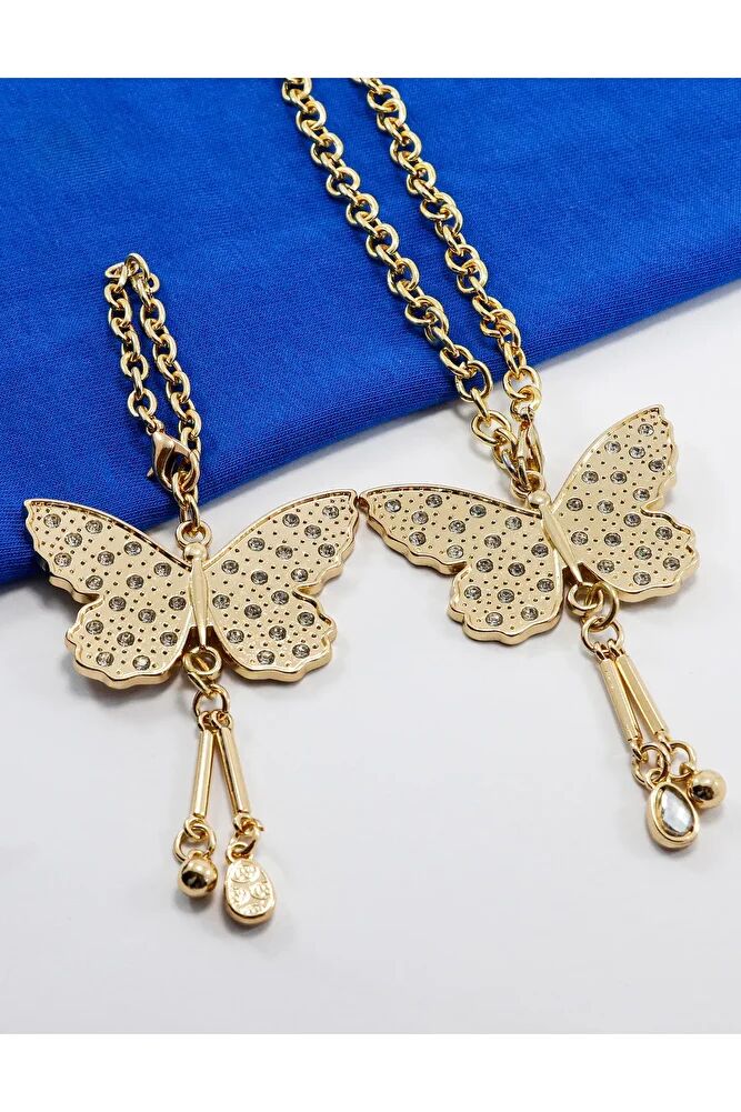 Gold Renkli Parlak Taşlı Salkım Kelebek Araba Dikiz Ayna Süsü, Anahtarlık 2'li Set