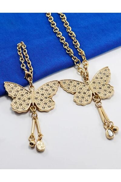Gold Color Shiny Stone Cluster Butterfly Car Rearview Mirror Ornament, Keychain Set of 2
