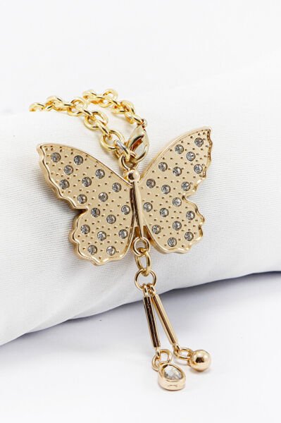 Gold Color Shiny Stone Cluster Butterfly Car Rearview Mirror Ornament, Keychain Set of 2