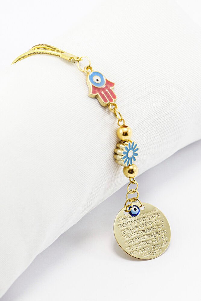 Renkli Hamse Çiçek Aksesuarlı Gold Renkli Metal Ayetel Kürsi Araba Dikiz Ayna Süsü, Araba Hediyesi