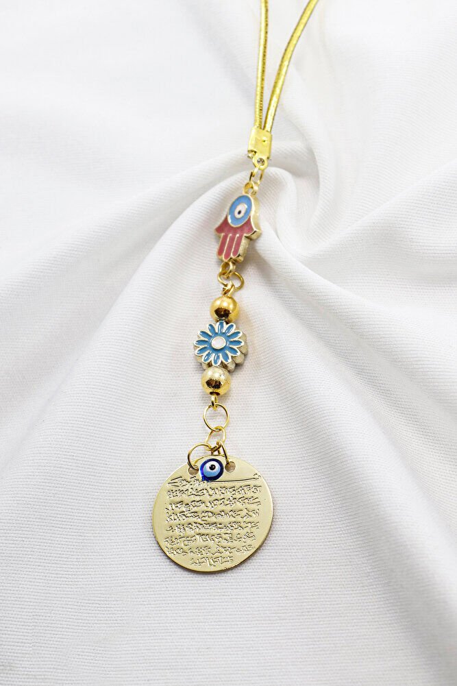 Renkli Hamse Çiçek Aksesuarlı Gold Renkli Metal Ayetel Kürsi Araba Dikiz Ayna Süsü, Araba Hediyesi